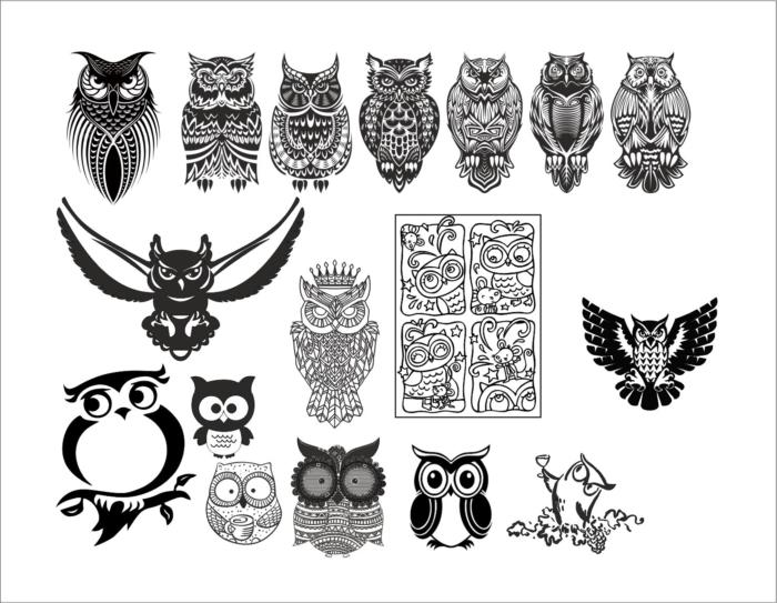 Large set of black and white owl Free CDR Vectors Art