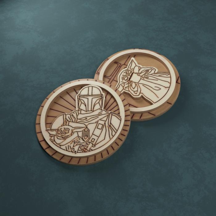 Engraved Wooden Mandalorian Inspired Badges Free CDR Vectors Art
