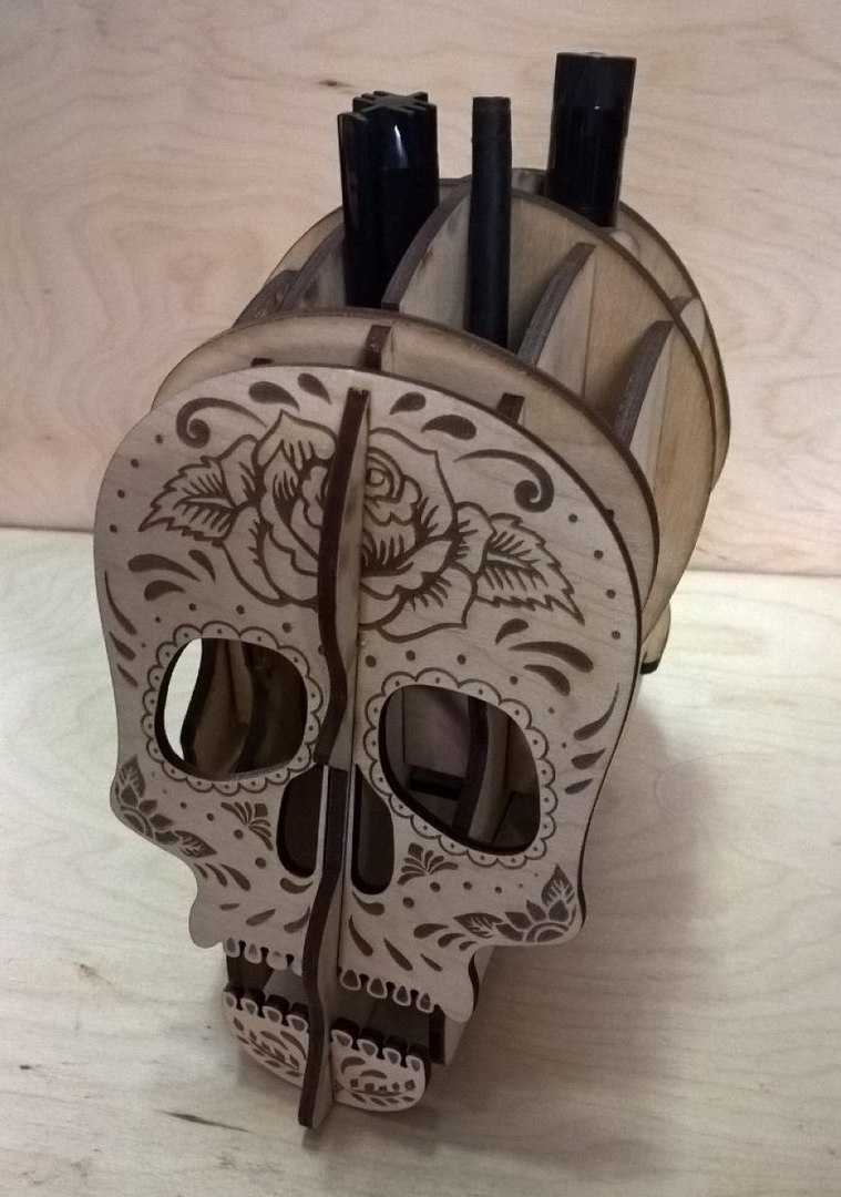 Laser Cut Skull Pen Holder Desk Organizer Template Free CDR Vectors Art