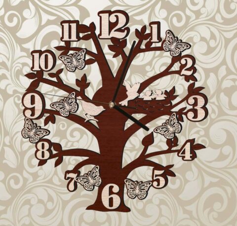 Tree Wall Clock With Birds And Butterflies Free CDR Vectors Art