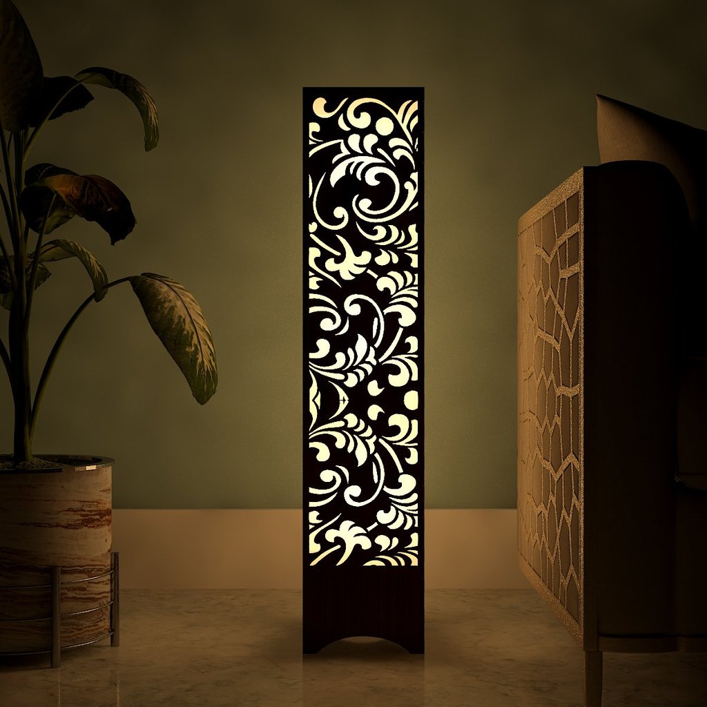 Laser Cut Flower Design Wooden Floor Lamp Free CDR Vectors Art
