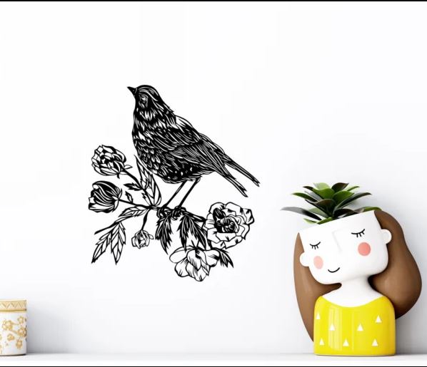 Bird With Flowers Wall Decorand Free DXF File