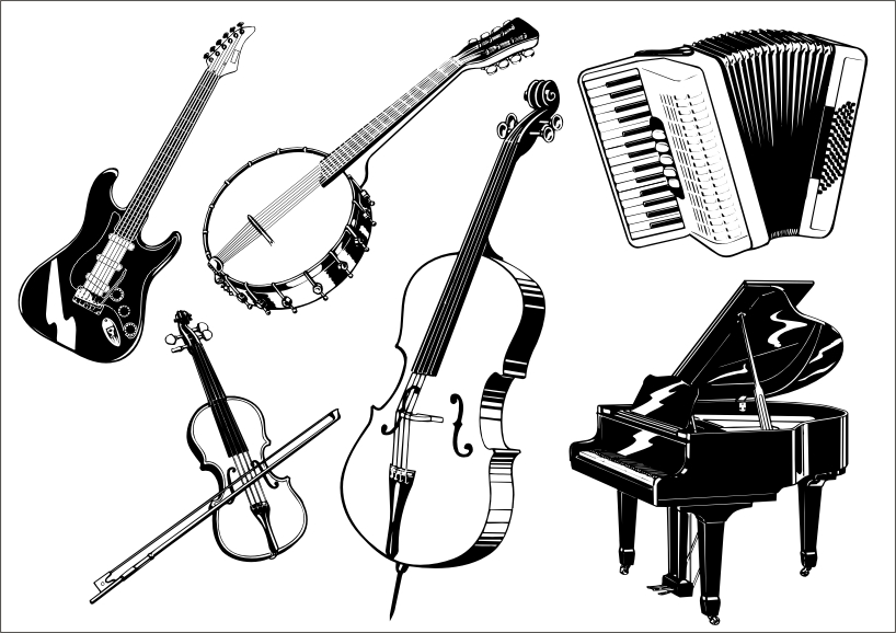 Music Instruments Icons 3d Black White Sketch Free CDR Vectors Art