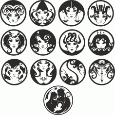 Funny Zodiac Signs In The Form Of Female Faces Free DXF File