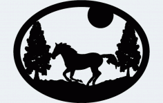 Oval Horse Trees Moon Free DXF File