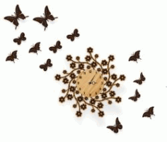 Chrysanthemum Wall Clock And Flying Butterflies For Laser Cut Plasma Free CDR Vectors Art