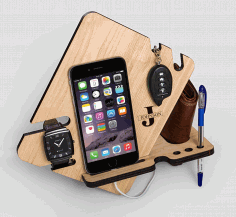 Laser Cut Wood Phone Docking Station With Key Holder Wallet Stand Watch Organizer Free CDR Vectors Art