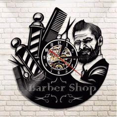 Barber Shop Logo Vinyl Record Wall Clock For Laser Cut Free CDR Vectors Art