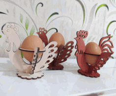 Laser Cut Wooden Easter Rooster And Chicken Egg Stand Free CDR Vectors Art