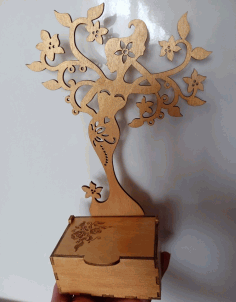 Jewelry Organizer Wooden Jewelry Storage Box With Jewelry Tree Stand For Laser Cut Free CDR Vectors Art