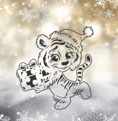 Happy New Year 2022 Cute Tiger With Gift Box For Laser Cut Free CDR Vectors Art