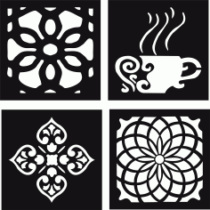 Decorative Motifs Of Flower Squares And Coffee Cup Free CDR Vectors Art