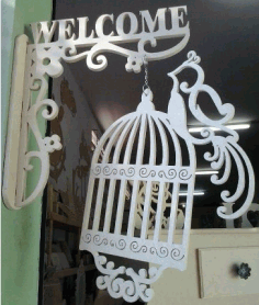 Laser Cut Welcome Sign With Bird And Cage Wall Decor Free CDR Vectors Art