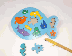 Laser Cut Wooden Fish Puzzle Educational Toy Sea Creature Peg Puzzle Free DXF File