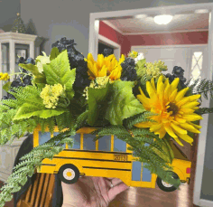 Laser Cut School Bus Flowers Box Free CDR Vectors Art