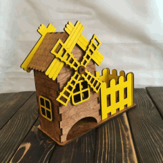 Laser Cut Windmill Tea House With Candy Box Tea Bag Holder Free DXF File