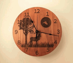 Laser Cut Deer Tree Moon Wooden Engraved Wall Clock Free CDR Vectors Art