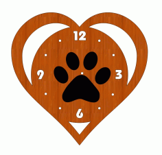 Laser Cut Dog Paw Engraved Print Heart Shaped Wood Wall Clock Free CDR Vectors Art