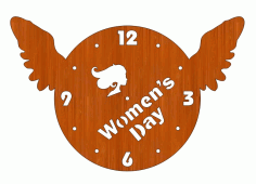 Laser Cut Wooden Wall Clock Women Face Wings International Womens Day 8 March Free CDR Vectors Art