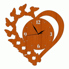 Laser Cut Wooden Wall Clock Butterfly Heart Shaped Design Free CDR Vectors Art