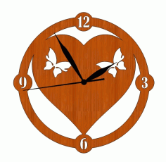 Laser Cut Butterfly Heart Shaped Wood Wall Clock Template Free CDR Vectors Art